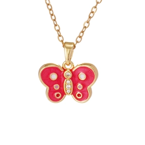 Collana a farfalla dorata con smalto rosa e accenti di zircone scintillanti