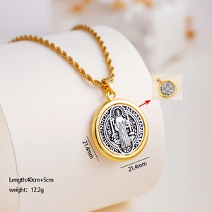 Two-tone Saint Benedict medal necklace with gold rope chain and 21.4mm religious pendant