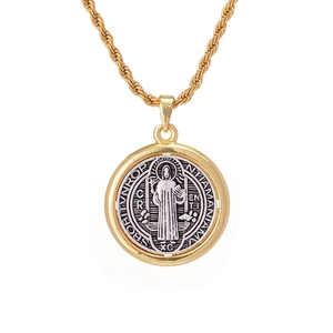 Two-tone St. Benedict medal pendant necklace with gold twisted rope chain on white background