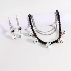 Halloween layered beaded necklace and long drop earrings set with bloodshot eyeball charms