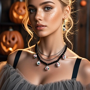 Halloween Gothic Eyeball Jewelry Necklace And Earrings Multi-Layered Black Beaded Chain For Women Party Costume Accessory