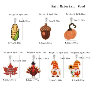 Size chart for 7 types of printed wood Thanksgiving earrings with pumpkin and turkey motifs