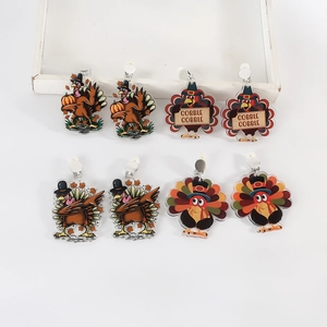 Set of eight Thanksgiving turkey acrylic earrings with colorful festive patterns