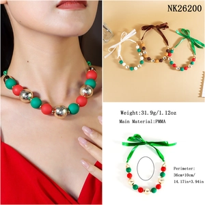 Detailed Christmas beaded necklace with red green PMMA beads and silk ribbon accents