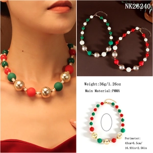 Detail of Christmas beaded necklace with red green white pearls and lobster clasp