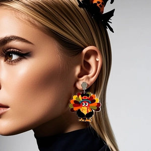 Thanksgiving turkey acrylic earrings worn by model on a neutral grey background