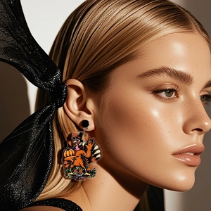 Fashionable Thanksgiving turkey acrylic earrings featuring autumn pumpkin and maple leaf motifs