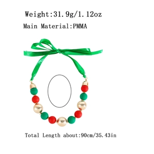 Christmas acrylic bead necklace with red green frosted beads and green silk ribbon