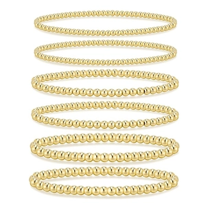 Set of 6 gold beaded stretch bracelets in 4/5/6mm sizes with polished finish