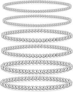 Set of six silver elastic bracelets with polished solid metal round beads in stackable design