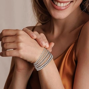 Stackable silver bead bracelet set with polished 4-6mm round metal balls for women