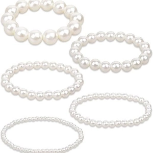 Set van 5 witte elastische parelarmbanden in verschillende maten van 4 mm tot 12 mm
