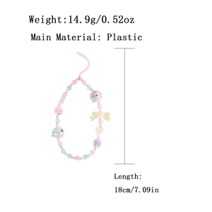 Colorful beaded phone strap with pink heart and bow charms on a white background