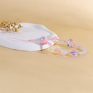 Colorful beaded phone strap with pastel beads, heart charms and green bowknot