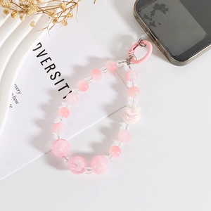 Sweet Pink Beaded Phone Charm Strap With Rose Flower Heart Pendant Plastic Beads Lanyard For Women Girls Bag Accessories
