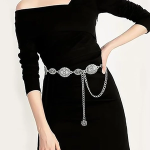 Vintage silver metal chain belt with embossed round plates and camellia flower pendant