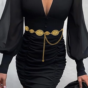 Vintage Metal Chain Waist Belt For Women Alloy Engraved Bohemian Dress Accessory Adjustable Gold Silver Decorative Belt