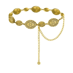 Vintage gold metal waist chain with geometric sunburst patterns and flower pendant