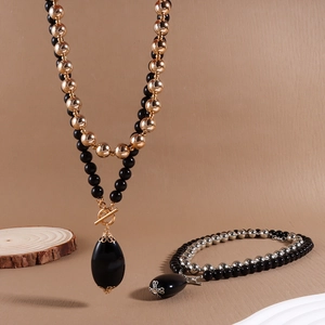 Two-layer beaded necklace set with black water drop pendants and retro toggle clasps