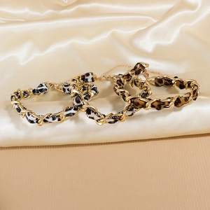 Makrodetail der goldenen Metallkette mit Leoparden- und Zebramuster auf Satinstoff