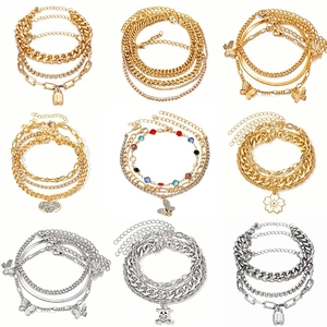 Bracciali Multistrato in Lega di Strass Oro Argento Bohemien Cavigliere Cuore Farfalla Lucchetto Orso Charms Gioielli