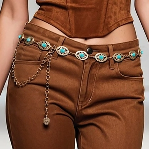 Vintage bohemian gold metal waist chain with turquoise accents for women fashion
