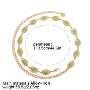 Bohemian gold metal waist chain belt with turquoise stones and adjustable lobster clasp