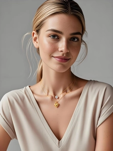 Close-up of a double-layered gold necklace with heart and daisy pendants on model