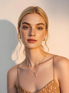 Close-up of a double-layered gold necklace with zircon cross pendant and matching hoop earrings