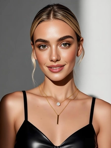 Detail of layered gold-plated necklace with a zircon stone and vertical bar pendant on model