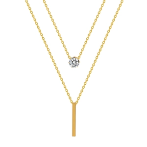 Minimalist gold double layer necklace with round zircon and vertical bar pendant charms