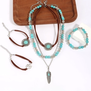 Detailed view of bohemian turquoise jewelry set with feather pendant and leather cords