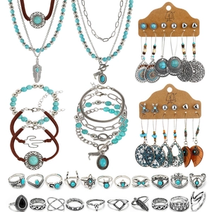 Vintage Western Cowboy Artificial Turquoise Alloy Jewelry Collection Bohemian Retro Necklace Bracelet Ring Accessory