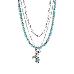 Western style layered turquoise bead necklace with silver boot pendant and OT clasp