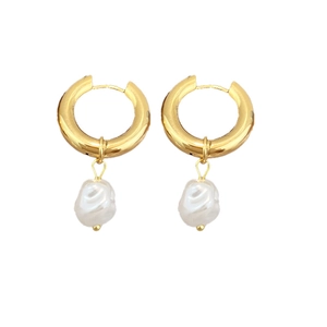 Elegant gold stainless steel hoop earrings with natural white baroque pearl drops