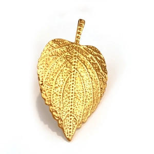 Golden leaf-shaped stainless steel ring featuring detailed hammered texture on white background