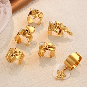 Golden stainless steel open rings with starfish, seashell and pearl charms for women