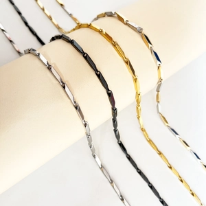 Collier Chaîne en Acier Inoxydable Minimaliste Géométrique à Maillons de Bambou Pour Hommes Femmes Bijoux Style Industriel
