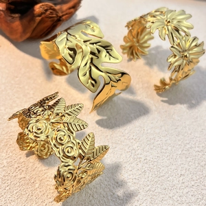 Vintage 18K Gold Plated Stainless Steel Bangle Bracelet For Women Open Cuff Hollow Flower Rose Leaf Botanical Jewelry