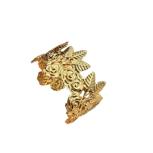 18K gold plated stainless steel open bangle with detailed vintage floral rose carvings