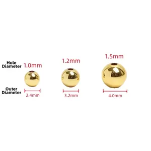 Golden round spacer beads for DIY jewelry with size chart for hole and outer diameter