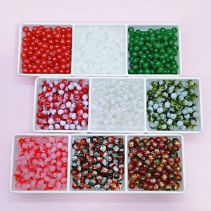 Christmas themed 8mm and 10mm glass beads set for DIY jewelry making in white trays