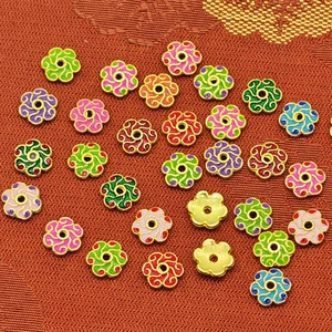 Colorful enamel flower bead caps with gold metallic base for DIY jewelry making