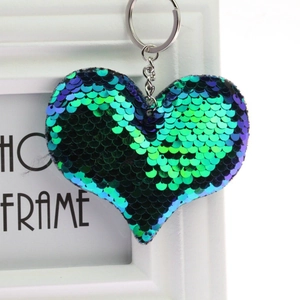 Sparkling heart sequin keychain in gradient green and peacock blue with silver ring