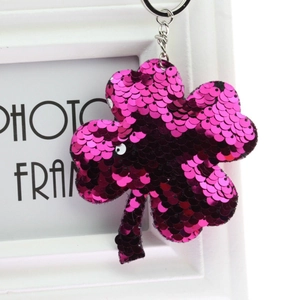 Pink and purple sequins four-leaf clover keychain pendant with silver metal ring