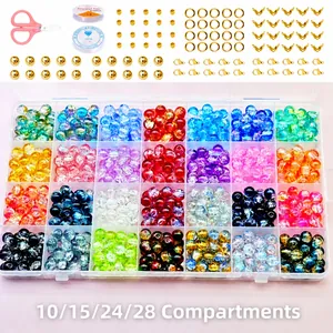 24-grid DIY jewelry making kit with colorful 10mm crackle glass beads and craft tools