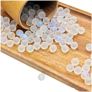 Frosted rainbow glass loose beads for DIY jewelry making with soft blue iridescent glow