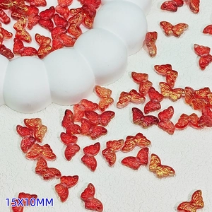 Translucent red butterfly beads with gold foil for DIY crafts, size 15x10mm