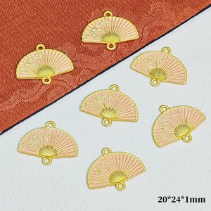 DIY gold-plated folding fan pendant with pink enamel flowers for ancient style jewelry