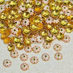 Gold-plated flower bead caps with pink enamel for DIY jewelry making accessories